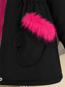 SHEIN Jaket Fleece Tebal Warna Polos Kasual Berkerudung Panjang Sedang untuk Anak Perempuan, Musim Dingin - Hitam - View 4