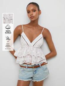 Maija 白色刺繡女款背心上衣 夏季側綁帶 V 領 波希米亞風 度假風 - 白色 - 查看 3