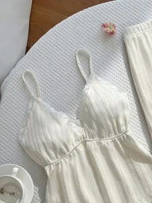 SHEIN Unity Conjunto de pantalones anchos versátiles para vacaciones y uso diario con tela texturizada, patchwork y ribete de encaje estilo Y2K - Albaricoque - Ver 5