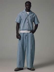 Musero Cropped Boxy Denim Shirt Patch Pocket Revere Shirt Style Spring Summer Essentials - Blue - View 1