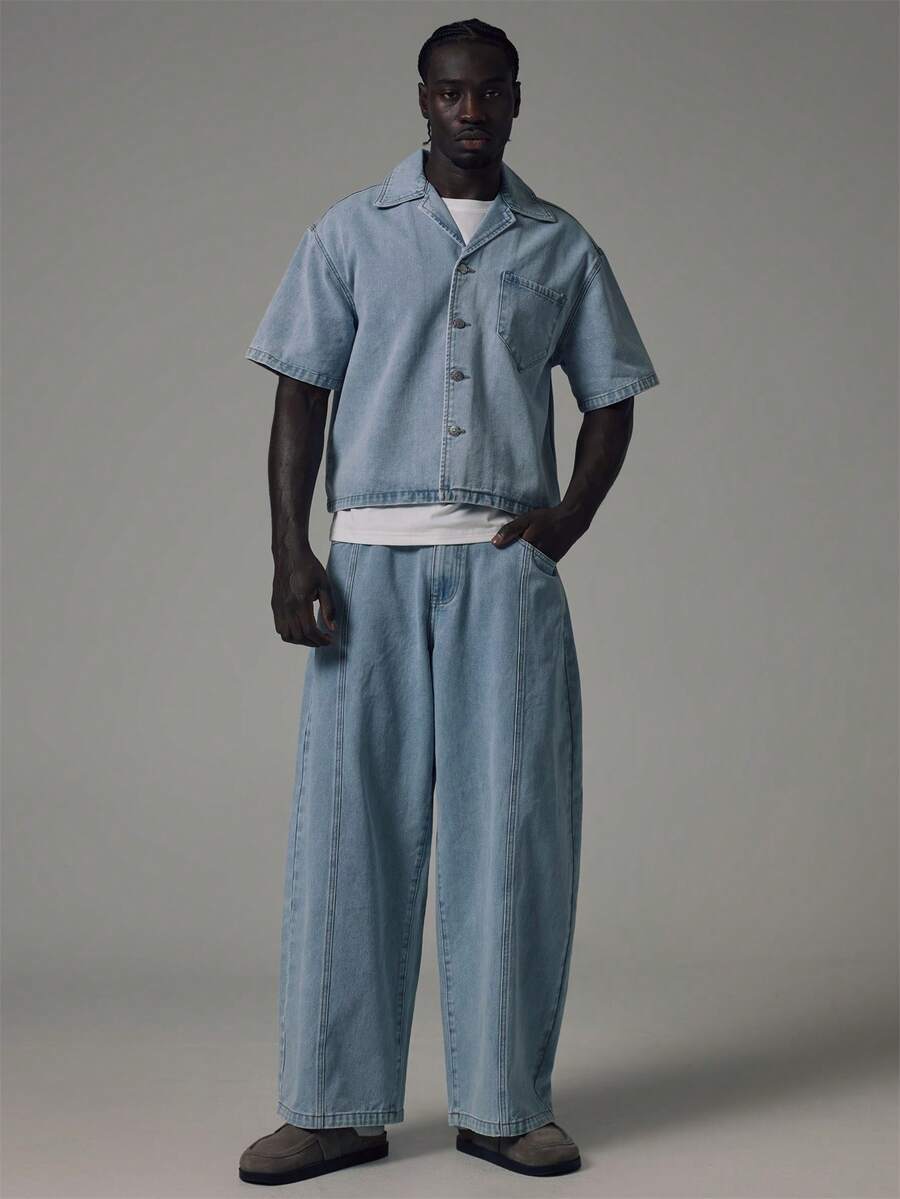 Musero Cropped Boxy Denim Shirt Patch Pocket Revere Shirt Style Spring Summer Essentials - Blue - View 1