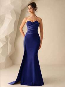 Coutiva Gaun Bridesmaid Model Duyung Tanpa Tali yang Elegan untuk Pesta - Navy Blue - View 1