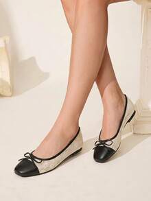 CUCCOO CHICEST 女款黑色網布蝴蝶結舒適平底鞋，優雅約會通勤戶外穿搭 - 黑米 - 查看 3