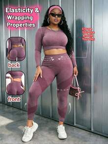 Slaydiva Women's Plus Size Solid Color Long Sleeve T-Shirt And High Waist Leggings Sports Set Fall - Burgundy - View 1