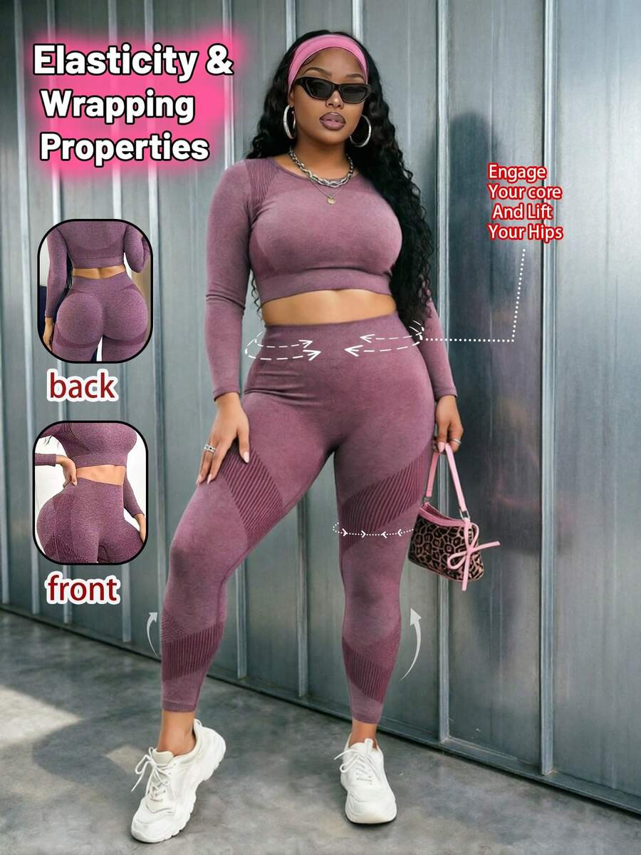 Slaydiva Women's Plus Size Solid Color Long Sleeve T-Shirt And High Waist Leggings Sports Set Fall - Burgundy - View 1