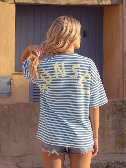 Vivid Eden Summer Women's Vacation Casual Knitted Striped Short Sleeve Crew Neck Loose Fit T-Shirt ,  Night Vacation Casual Top,Blue And White Stripes T-Shirt