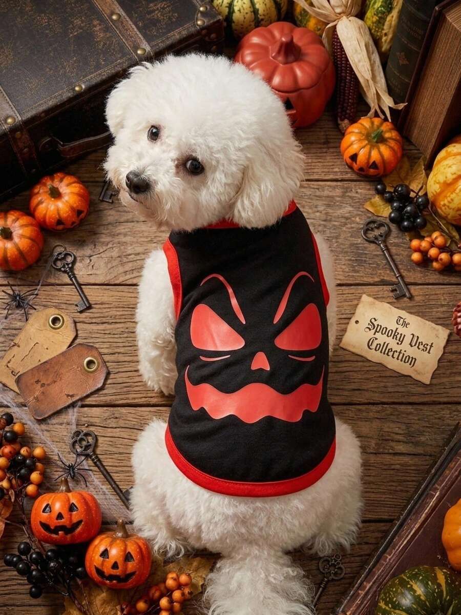 PETSIN 1件寵物狗貓萬聖節趣味表情印花透氣輕便黑色狗背心 - 彩色 - 查看 1