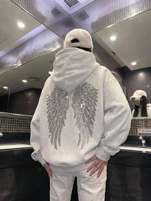 SHEIN EZwear 休閒極簡主義秋季新款天使之翼印花圖案連帽長袖寬鬆女款運動衫，適合日常通勤、聚會、秋冬/夏季、聖誕節、新年、感恩節、派對、婚禮、海灘、畢業典禮、優雅、外出、約會、通勤、情人節、優雅、度假 - 淺灰色 - 查看 5