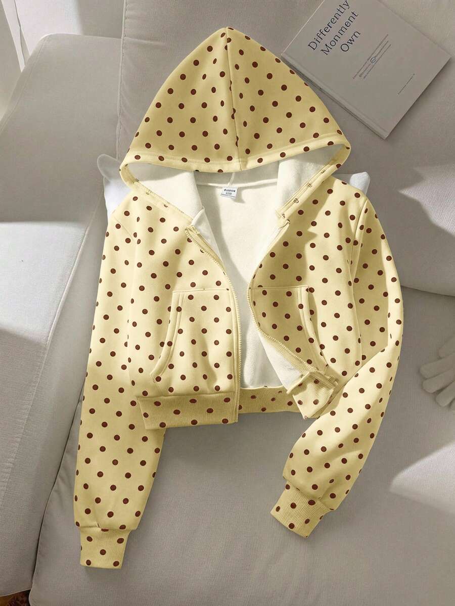 SHEIN Tween女孩秋冬新款針織波點圖案寬鬆休閒極簡舒適日常街頭風拉鍊外套，附口袋短版長袖衛衣外套，白色，返校穿搭，簡約休閒百搭 - 黃色 - 查看 1