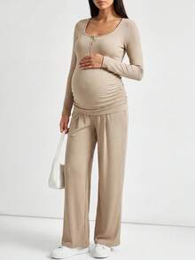 Slowluna 孕婦純色長袖哺乳上衣與長褲兩件套 秋季 - 卡其色 - 查看 4