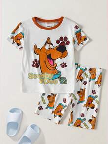 SCOOBY-DOO X SHEIN Young Boy Cartoon Print Short Sleeve T-Shirt And Shorts Loungewear -DOO - White - View 1