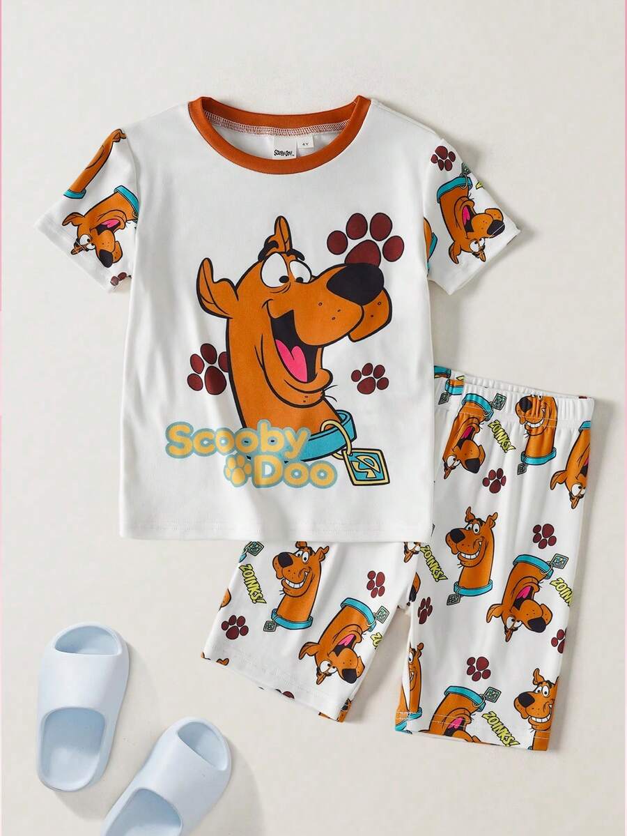 SCOOBY-DOO X SHEIN Young Boy Cartoon Print Short Sleeve T-Shirt And Shorts Loungewear -DOO - White - View 1