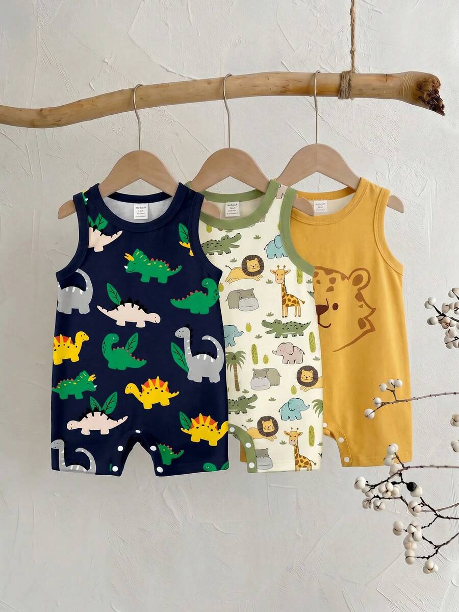 Unisex Newborn Baby Boy/Girl 3pcs Spring/Summer Casual Cute Lion Pattern Sleeveless Romper Shorts Set, Baby Rompers, Outfits, Baby Summer Clothes, - Multicolor - View 1