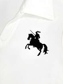 IslaSuriya 女款針織面料翻領修身短袖 Polo 衫 白色馬術印花 休閒學院風 日常通勤 春夏季 - 白色 - 查看 3