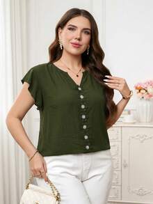 Reflora Plus Size Women's Textured Patchwork Ruffle Trim Lace Loose Short Sleeve Blouse, Spring/Summer - Army Green - View 7