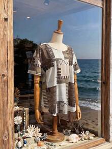 EMERY ROSE Plus Size Women Geometric Print Round Neck Short Sleeve T-Shirt,Beige Summer Smart Casual Vacation Loose Tops,Spring Country Style Beach Clothes - Multicolor - View 4