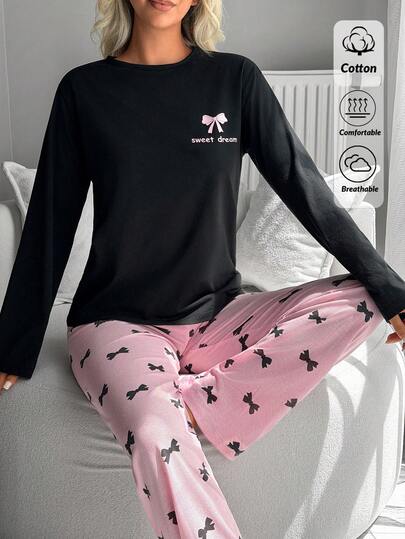 SHEIN Cotton Line Women Bow Print Multicolor Long Sleeve Cardigan, Sleeveless Top & High Waist Comfy Pants