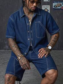 AXEPEAK Solid Color Front Button Short Sleeve Shirt And Denim Shorts Casual Suit - Blue - View 9