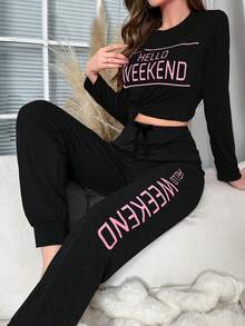 Lazeform Ladies' Long Sleeve Pajama Set With Letter Pattern, Fall Winter Clothes Cozy And Elegant Details - Black - View 7