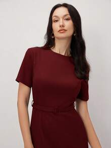 BizChic 酒紅色女款中長洋裝，春季短袖優雅簡約休閒度假派對約會婚禮賓客日畢業季音樂節修身優雅百搭高端夏季社交節日聚會出遊海灘辦公日常法式復古清新 - 酒紅色 - 查看 5
