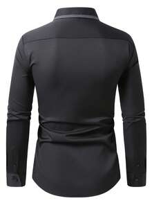 Manfinity Mode Men's Black Autumn Classy Formal  Commuter Dress Shirt,Design Business Casual Long Sleeve Button Up Top With Pocket,Solid Color Stylish Shirt - Black - View 2