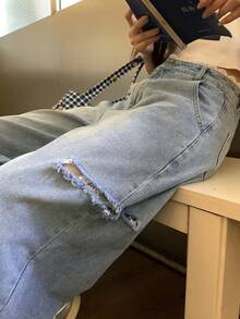 FRIFUL Celana Jeans Denim Kasual Serbaguna untuk Wanita, Dilengkapi Saku dan Kancing, serta Atasan yang Cantik - Biru - View 6