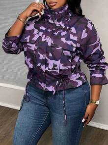 Slaydiva Chaqueta de Talla Grande con Estampado de Camuflaje y Cordón en el Bajo para Uso Diario - Morado - Ver 4