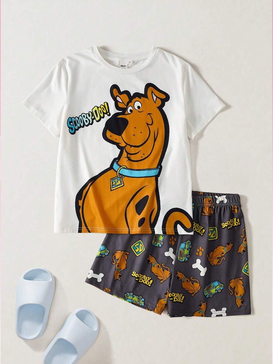 SCOOBY-DOO X SHEIN Tween Boy Letter Cartoon Print Short Sleeve Top And Shorts Casual Daily Home Sleepwear Set - Grey - View 1