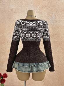 Elamini Women's Coffee Brown Fashion Casual Versatile Vintage Cable Classic Cable Knit Half-Open Button-Front Pullover Sweater, Autumn/Winter - Coffee Brown - View 2