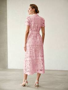 MOTF PREMIUM WOMEN'S ELEGANT FASHION EMBROIDERED HOLLOW WAIST BELT DRESS - Pink - View 3
