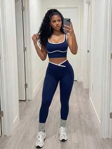 BamGleam Conjunto deportivo sin costuras con bloques de color para mujer - Azul Marino - Ver 5