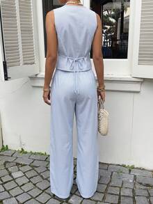 Sunnyshic Ensemble 2 pièces femme printemps été automne, top à col V en coton rayé bleu et blanc avec dentelle blanche contrastante, ceinture à nouer cintrée à la taille et pantalon long, élégant, mignon, romantique, polyvalent pour vacances, trajets, bureau, sorties quotidiennes et rendez-vous - Bleu azur - Voir 2