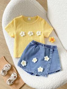 SHEIN Elladie kids 女童休閒可愛圓領標準肩 3D 花朵裝飾 T恤與純色牛仔裙套裝，夏季返校穿搭 - 黃色 - 查看 5