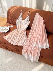 Moireta Mature Old Money Style Elegant Charming Lace Patchwork Romantic Sexy Women's Pajama Set - Baby Pink - View 8