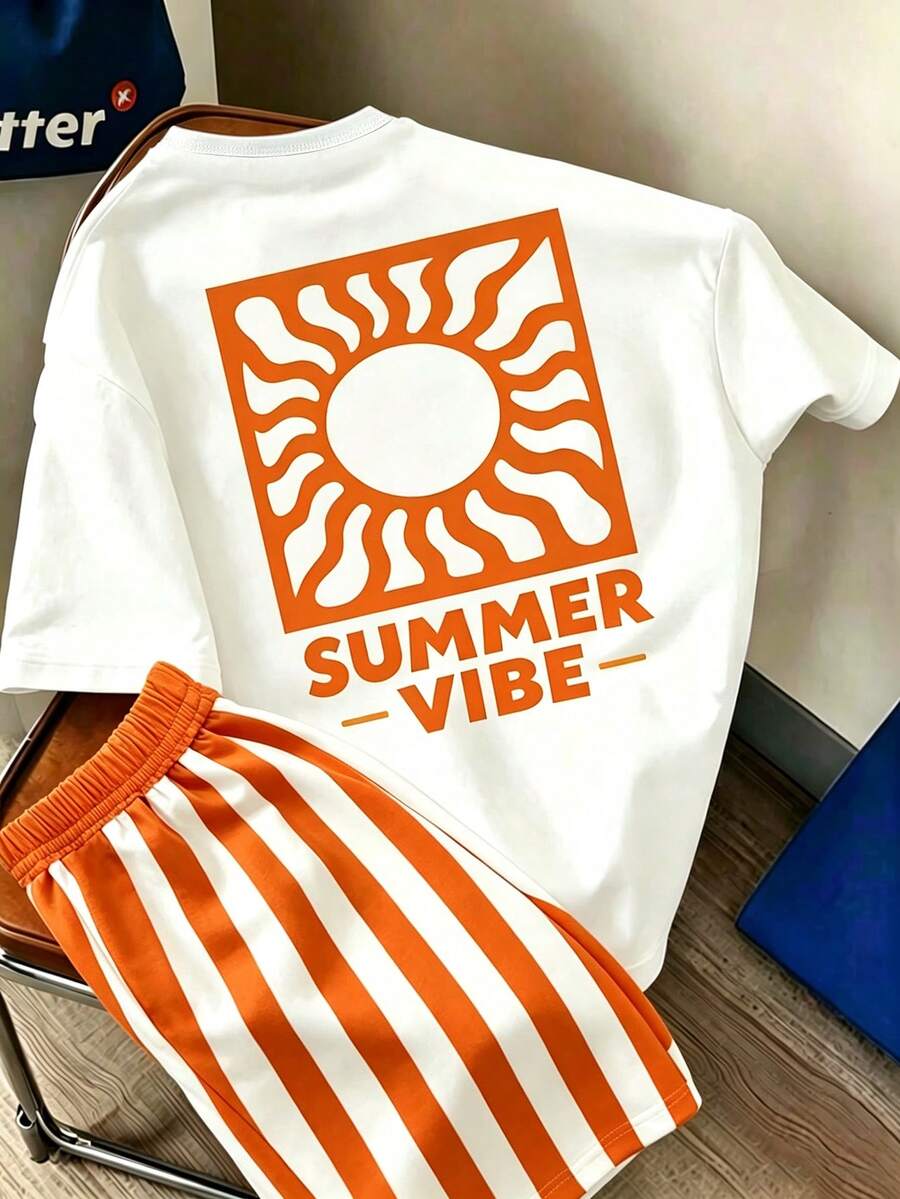SHEIN Striped And Sun Summer English Graphic Short Sleeve Set, Spring/Summer Casual Outdoor Sports Pattern Design, Suitable For Outdoor Picnic - Multicolor - View 1