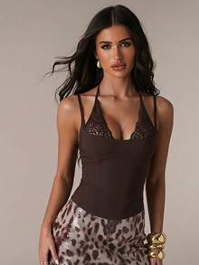 SHEIN BAE Women's Elegant Solid Brown Lace Patchwork Spaghetti Strap Bustier Camisole, Suitable For Beach Vacation, Sister Gathering, Birthday Party, Dating, Brown Bustier Camisole, Brown Lace Patchwork Top - Brown - View 4