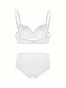 Bonmuse 2件組女款素色蕾絲拼接細肩帶休閒內衣套裝，含鋼圈，適合夏季 - 白色 - 查看 3