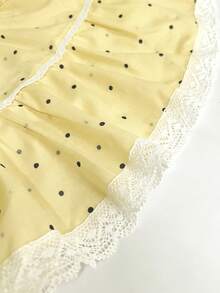 SHEIN Franclia V領百褶蕾絲拼接波點黃色女款上衣，附飄逸袖，無袖上衣，適合夏季、早午餐茶會，浪漫可愛 - 黃色 - 查看 6