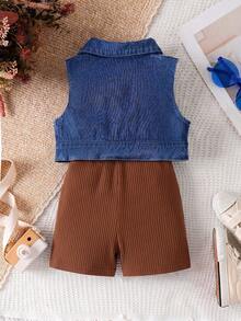SHEIN Genkimix Kids 女童單排扣牛仔背心與純色細肩帶連身褲休閒日常兩件套 - 棕色 - 查看 2