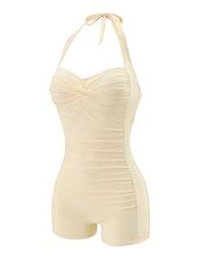 Swim Lushoire 女款純色露背掛脖式連身泳衣 - 米色 - 查看 4