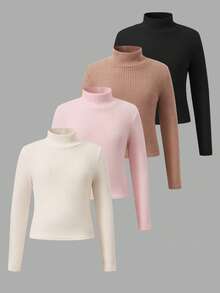SHEIN 青少年女孩 T-Shirt 百搭休閒貓咪印花 4件組 高領長袖保暖內層打底衫 - 彩色 - 查看 1
