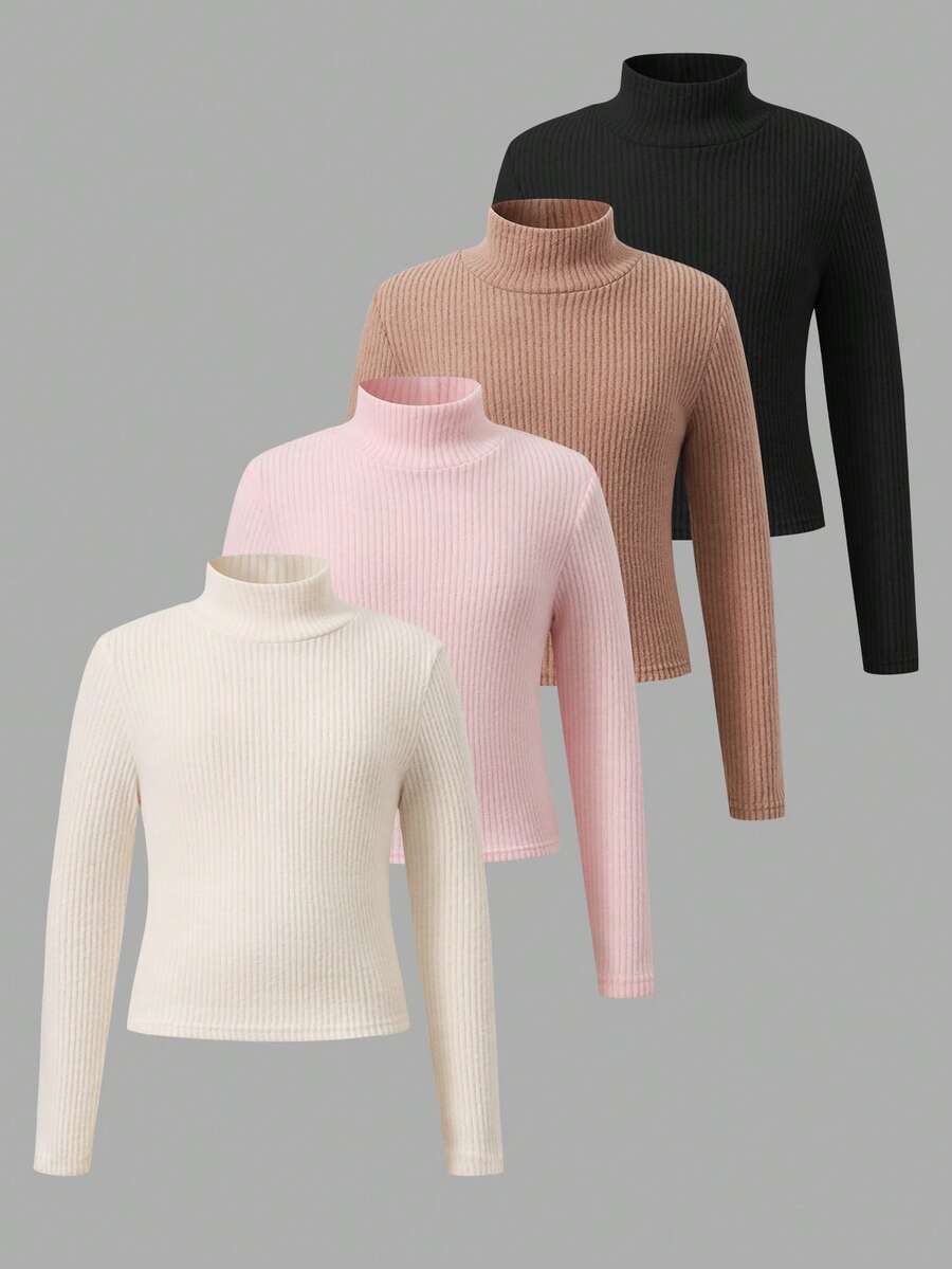 SHEIN 青少年女孩 T-Shirt 百搭休閒貓咪印花 4件組 高領長袖保暖內層打底衫 - 彩色 - 查看 1