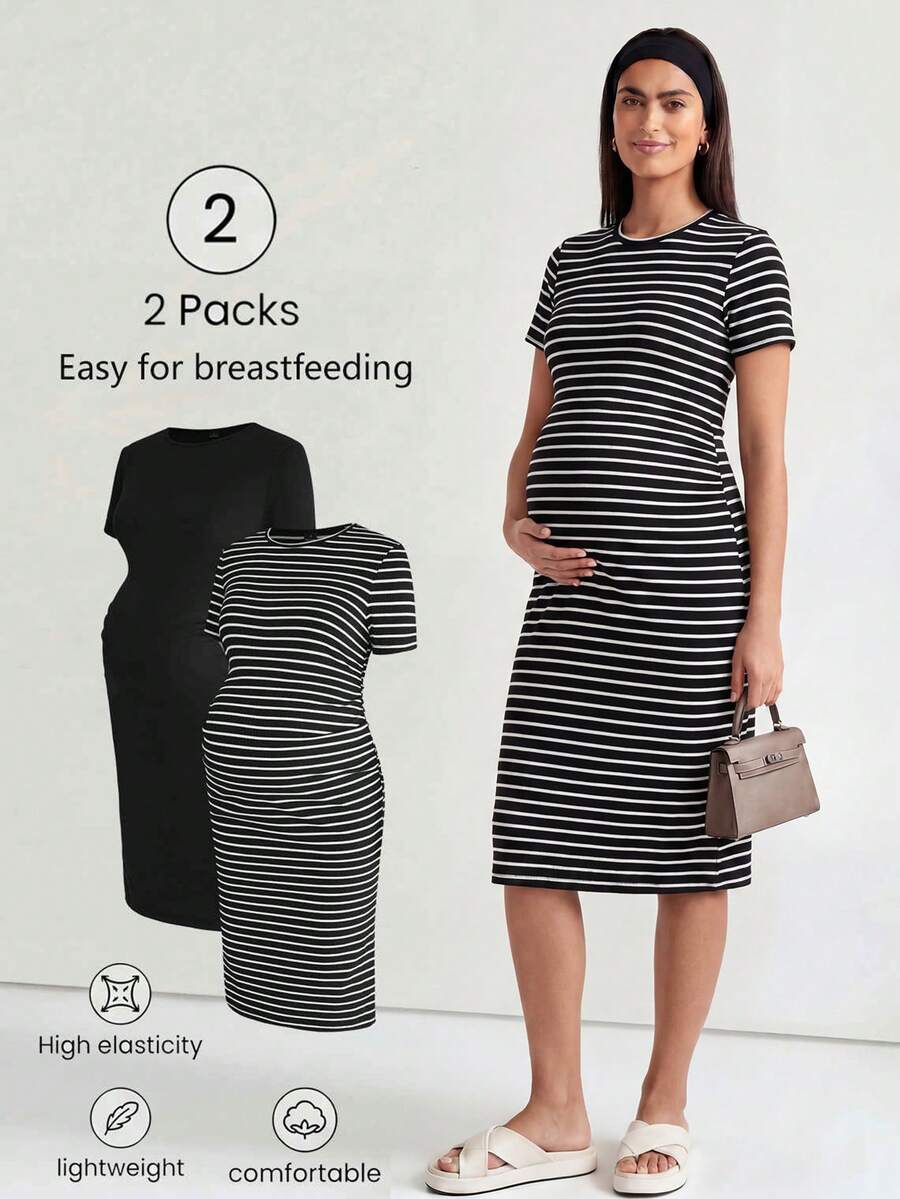 Modmama 孕妇休闲褶皱腰身圆领短袖孕妇连衣裙,夏季 - 黑與白 - 查看 1