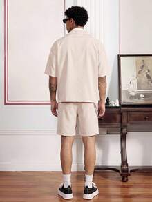 SWAVVY Men's Solid Color Single-Breasted Short Sleeve Shirt And Shorts Set - Apricot - View 4