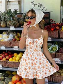 Serisse Women's Vacation Casual Cottagecore Ditsy Floral Spaghetti Strap Mini Dress Picnic Orange And White Summer - Multicolor - View 8