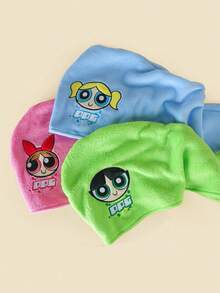 THE POWERPUFF GIRLS X POKOJA LAND 1件可愛刺繡飛天女警乾髮帽，珊瑚絨吸水快乾不掉毛乾髮巾，家用洗髮頭巾，適用於日常居家、學生宿舍、商務出差 - 彩色 - 查看 2
