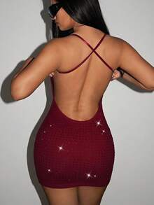 SHEIN ICON Vestido mini ajustado con espalda descubierta, brillante y con pedrería, de estilo sexy y de moda para fiestas y festivales, para mujer en primavera y verano - Burdeos - Ver 11