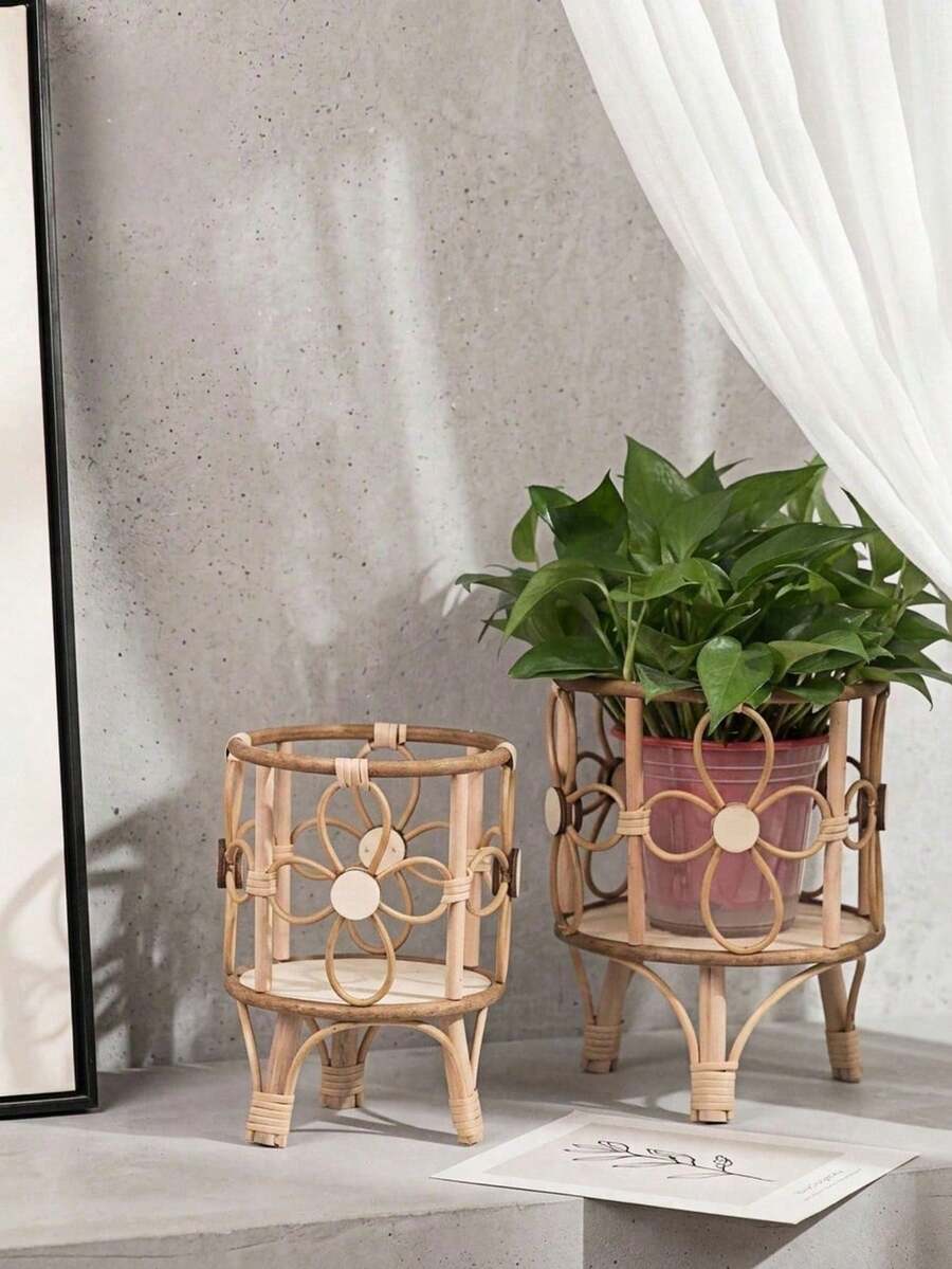 Haus Hana 1件装欧式乡村风格镂空花架桌面创意花盆架阳台花卉装饰手工编织仿藤蔓花架 - 查看 1