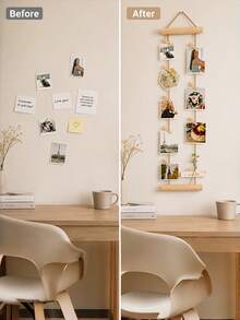 18Pcs Wall Mounted Photo Display Hanging Set Including 1 Rack 15 Clips 1 Self Adhesive Hook 1 Metal Hook Natural Wood Clips Jute Rope Minimalist Scandinavian Style No Drill Space Saving For Bedroom Dorm Studio Entryway Desk Party Decor - multicolor - View 3