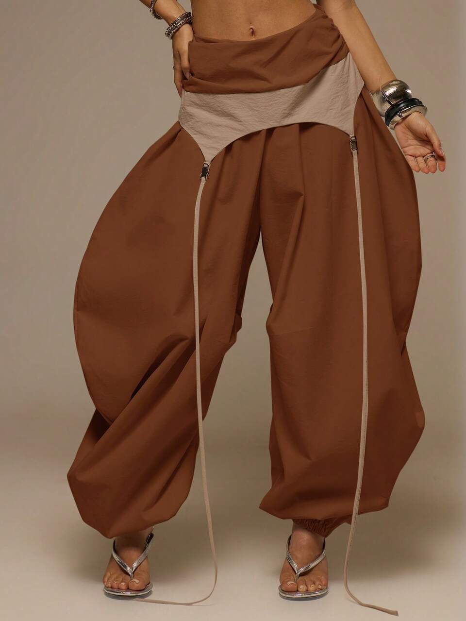 Pantaloni oversize a palloncino con pannello a contrasto e vita ripiegata, primavera estate, festival, vacanza, Ibiza, vacanza, rave, sexy, Y2k, utility, siren
